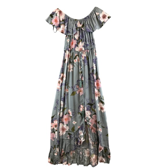 New Band of Gypsies Floral Print Maxi Dress Off Shoulder Ruffle Gray S - Picture 1 of 9